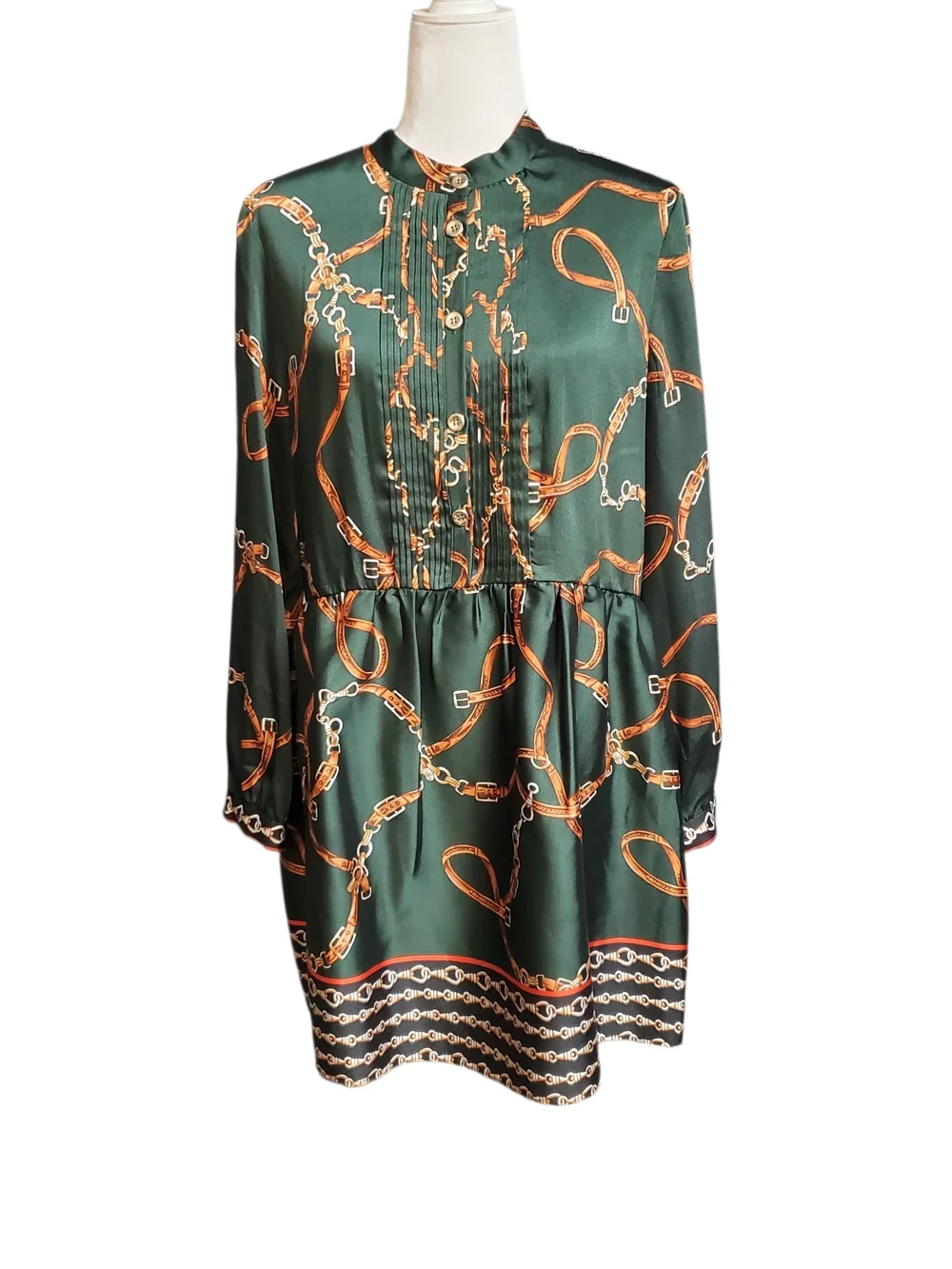 Zara Forest Green Chain-Print Long-Sleeve Dress Size XLarge - Picture 2 of 12